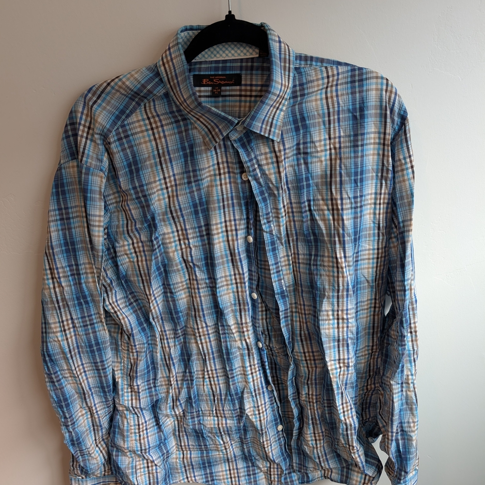 Ben Sherman Blue and Tan Plaid Casual Shirt